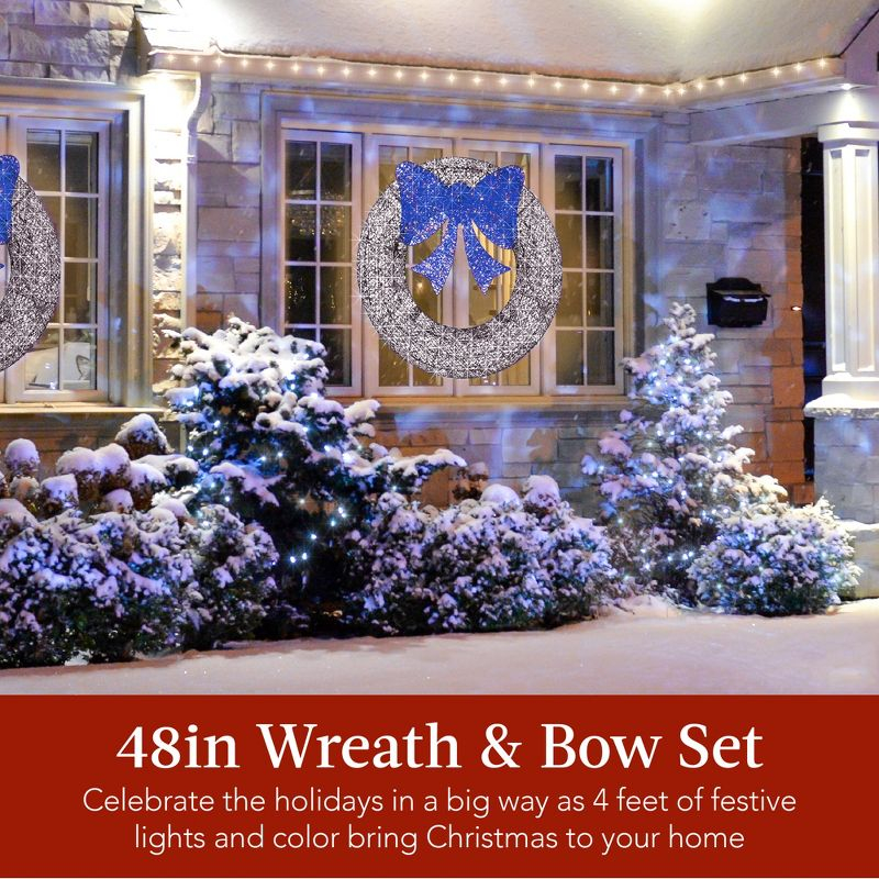 Best Choice Products 48in Pre-Lit Outdoor Christmas Wreath, LED Metal Holiday Decor w/ 140 Lights, Bow - Silver/Blue
