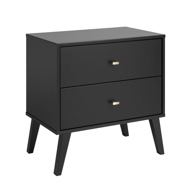 Mid Century Modern 2 Drawer Wide Nightstand Black - Prepac: Sleek Bedside Furniture, Tapered Legs