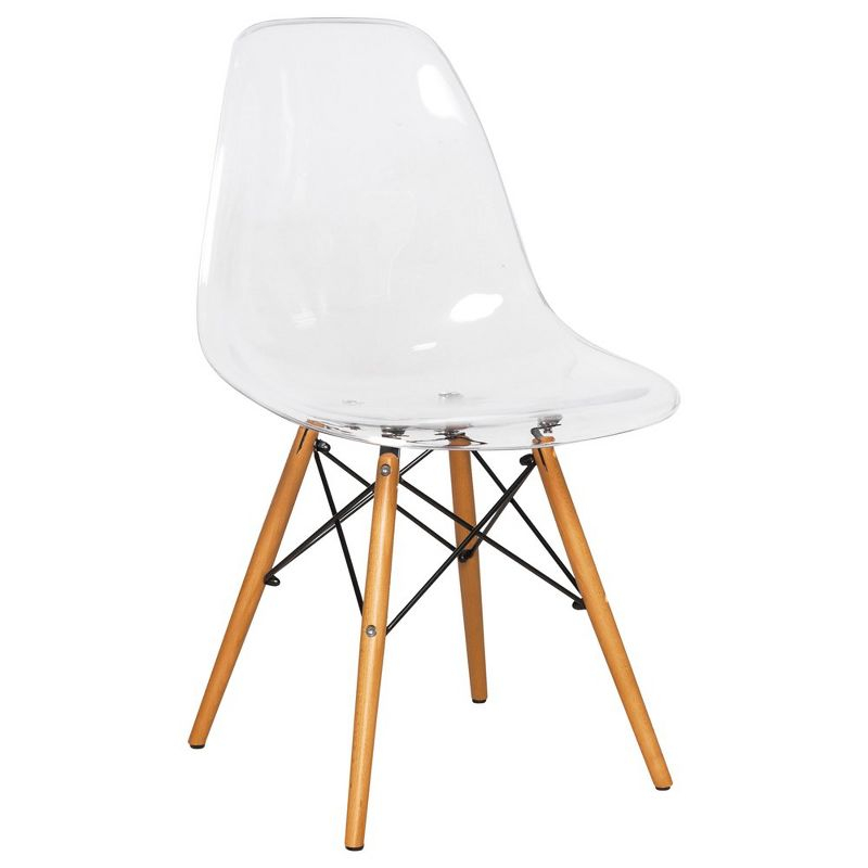 LeisureMod Cresco Mid-Century Modern Acrylic Dining Chair with Wooden Dowel Eiffel Legs – Kitchen & Dining Room Chair, Clear
