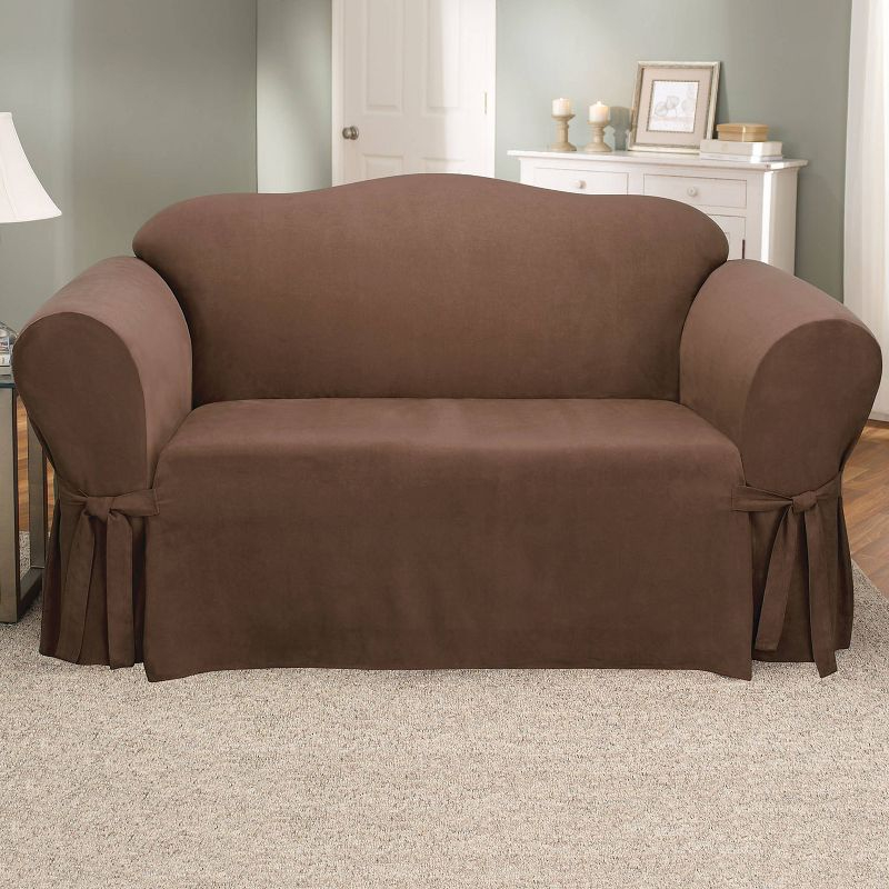 Soft Suede Loveseat Slipcover Chocolate - Sure Fit: Stretch Fit Polyester & Spandex, Indoor Use, Zipper Closure