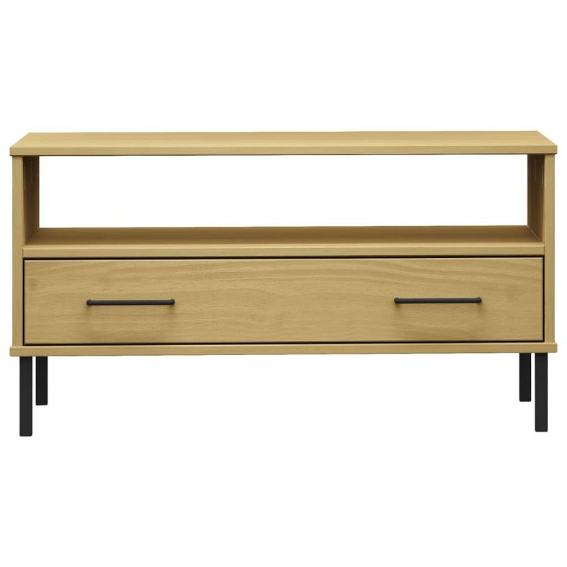 vidaXL Solid Pine Wood Coffee Table with Metal Legs and Drawer, Durable Living Room Table, Elegant Design, Easy Assembly, 33.5"x19.7"x17.7", Brown