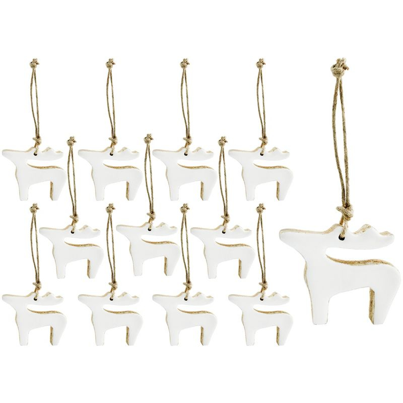 AuldHome Design White Reindeer Christmas Ornaments 12pk; Rustic Farmhouse Wood w/ Enamel Tree Decorations, Retro Vintage Enamelware Style