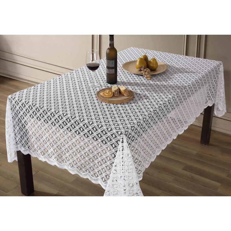 HLC.ME Alona Lace Fabric Table Cloth for Rectangle Tables, Wrinkle Resistant, Patterned Scalloped Tablecloth - Linen, 60 W x 84 L