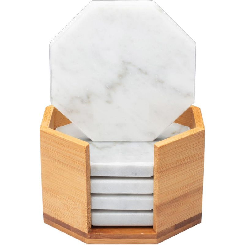 D'Eco White Carrara Marble Coasters w/ Bamboo Holder - Set of 5 - Tabletop Protection- Fits Any Size Wine Glass, Cup, Mug - Great Mother's Day Gift