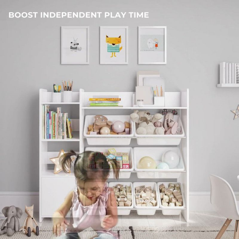Sturdis Toy Storage Organizer with Bookshelf, Kids Playroom Organization Shelving Unit with Removable Colorful Storage Bins & Anti-Tip Bracket, White