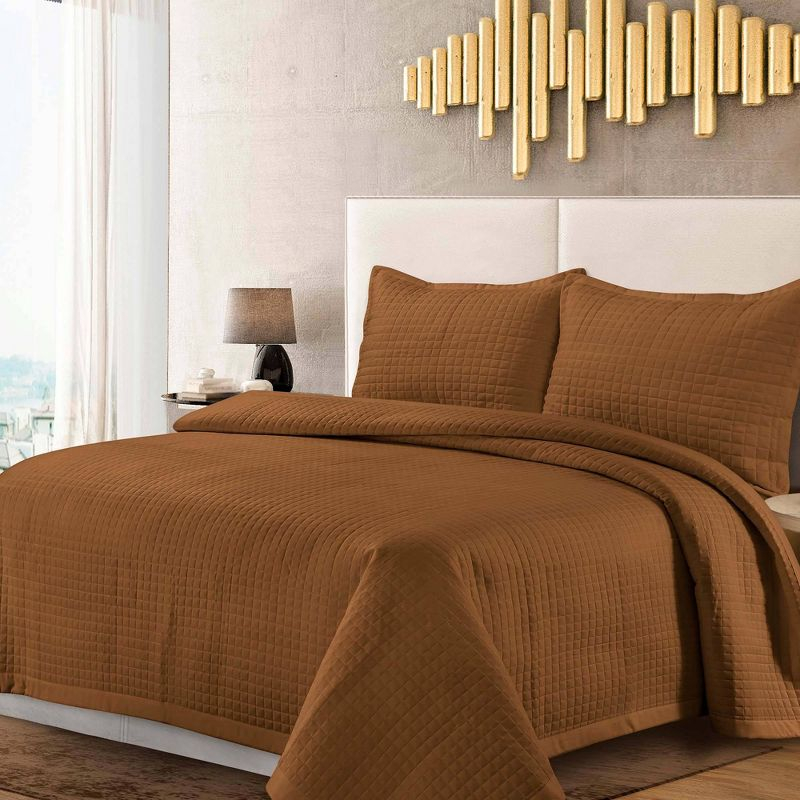 King Naples Microfiber Quilt Set Camel - Tribeca Living: 3-Piece, Box Quilting Design, Year Round Comfort