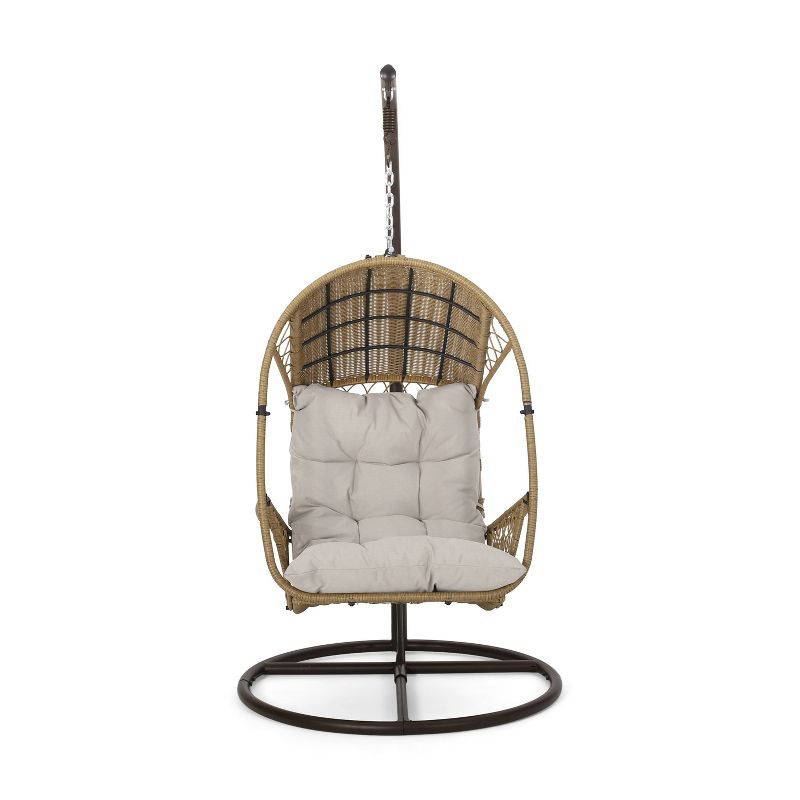 Malia Outdoor Wicker Hanging Chair with Stand Brown/Beige - Christopher Knight Home: Egg Swing with Cushion & Steel Frame