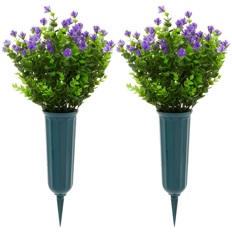 Bright Creations 6 Bundles Purple Artificial Flowers with 2 Cone Vases, Faux Fake Plant for Cemetery, Outdoor Decor (2.9 x 2.9 x 7 In)