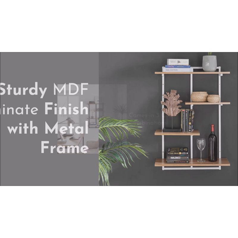 Danya B. 34.5" x 23.6" Rhodes 4 Tier Modern Floating Windowsill Wall Shelf Unit Black/Light Walnut: MDF & Iron, Open Design