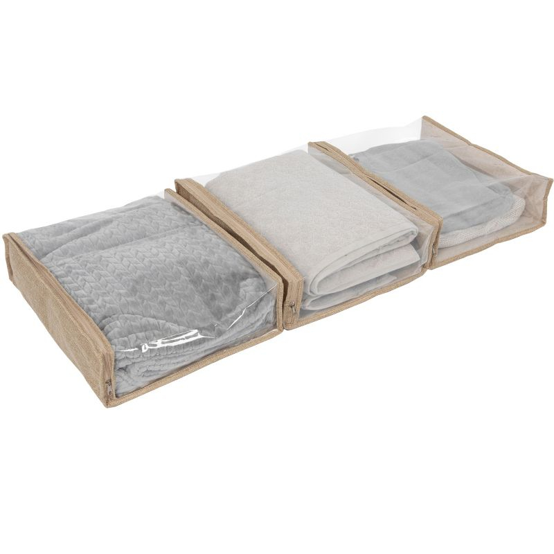 Under Bed Zippered Sweater Storage Bags with Clear Vision Panel, Set of 3, Latte Brown