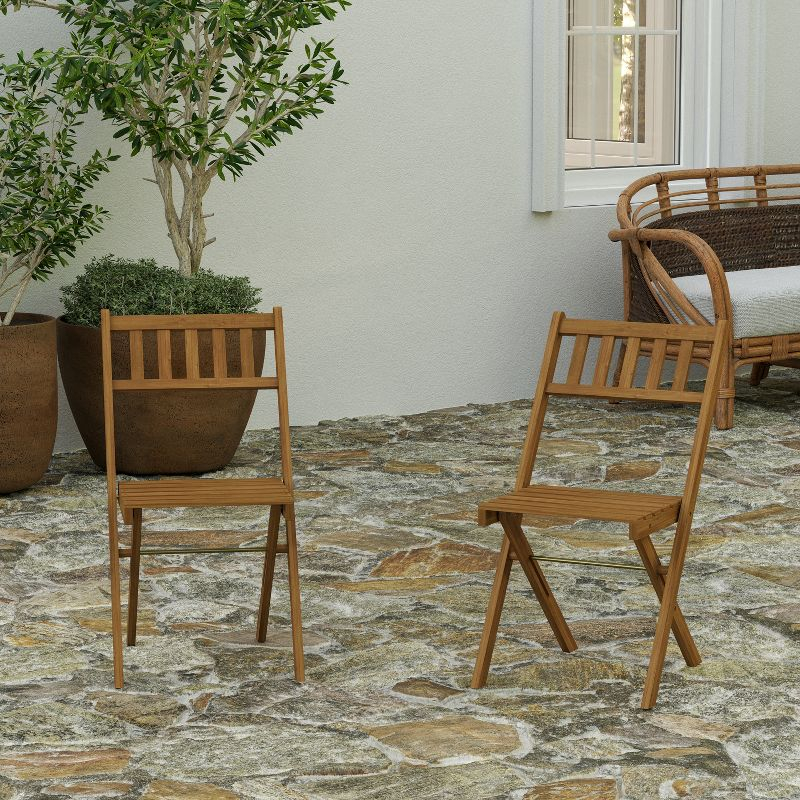 Merrick Lane Set of 2 Solid Acacia Wood Armless Folding Patio Bistro Chairs with Slatted Backs and Seats in Natural Finish