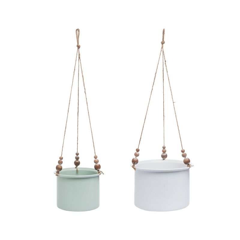 Set of 2 Metal Hanging Planters with Wood Bead Details Green/White - Foreside Home & Garden