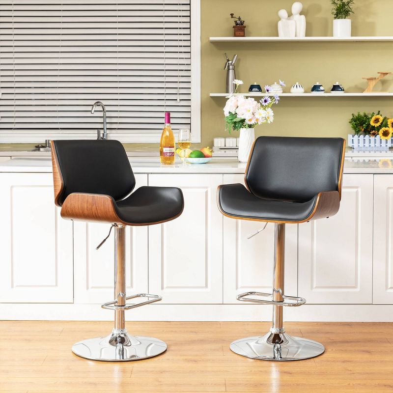 Set of 2 Leatherette Adjustable Height Swivel Bar Stools Chrome Plated Base Black - Glitzhome: Mid-Century, Curved Back, Pneumatic