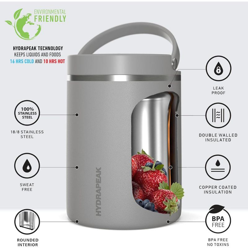 Hydrapeak 32 Oz Stainless Steel Vacuum Insulated Wide Mouth Leak-proof Thermos Food Jar For Hot And Cold, 10 Hours Hot 16 Hours Cold (Gray)