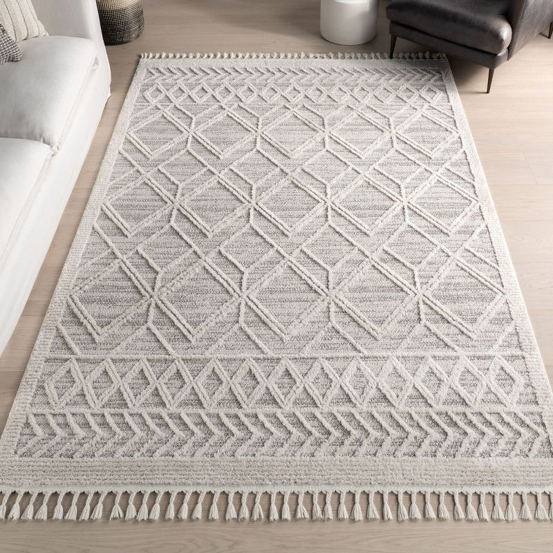 Nuloom 9x12 Ansley Moroccan Tassel Indoor Area Rug, Light Grey, Textured Bohemian Design, Plush High Pile, Stain Resistant, Bedroom, Living Room