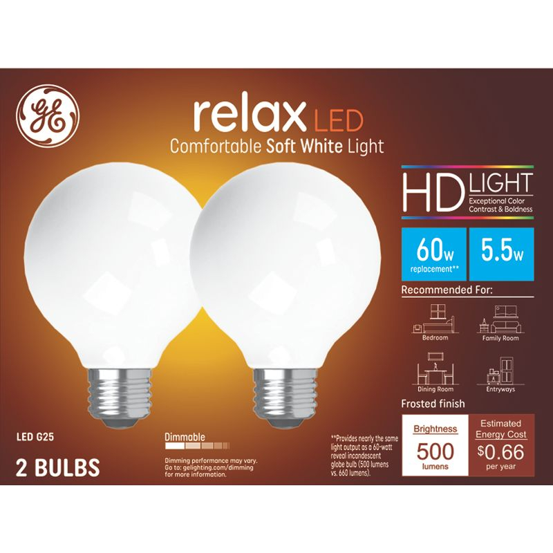 GE 2pk 60W Relax G25 LED Frost Globe Light Bulbs Soft White: Dimmable Vanity Round Bulbs, Energy Star Certified