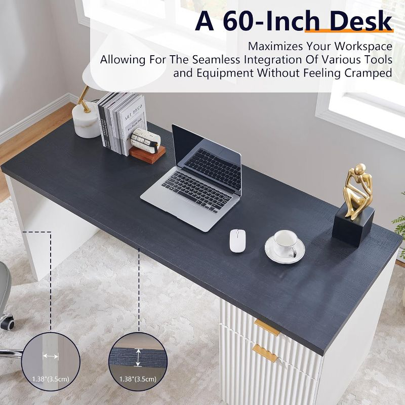 60" Modern Desk with Drawer & Cabinet, Fluted Computer Writing Desk for Living Room, Bedroom, White