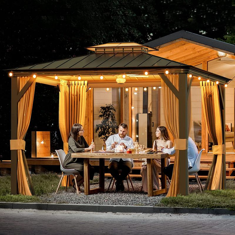 Erommy 12'x10' Hardtop Gazebo, Outdoor Gazebo Canopy, Acrylic & Galvanized Steel Roof, Aluminum Frame with Curtains and Netting, Sunshade for Garden