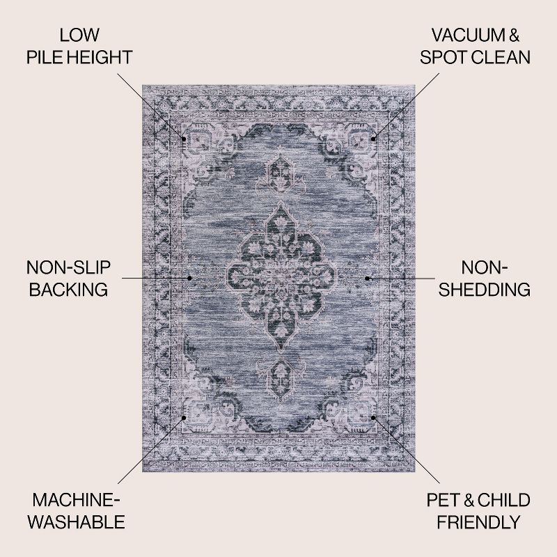 Wincer Chenille Cottage Medallion Machine-Washable Navy/Gray/Black 3 ft. x 5 ft. Area Rug - JONATHAN Y