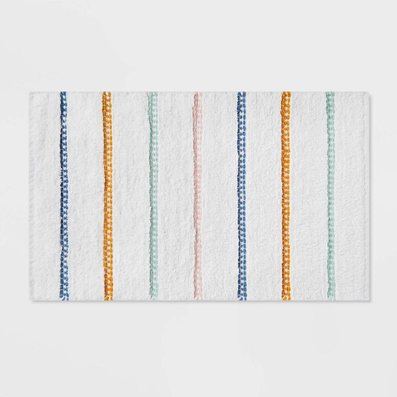 Striped Kids' Bath Rug White/Blue - Pillowfort™: Cotton Woven Bath Mat, Kids Bathroom Decor, 1'8"x2'10"