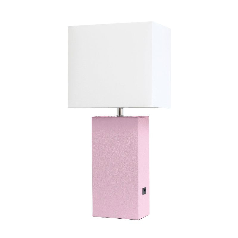 21" Lexington Leather Base Modern Home Decor Bedside Table Lamp with USB Charging Port and Fabric Shade Blush/White - Lalia Home: No Assembly