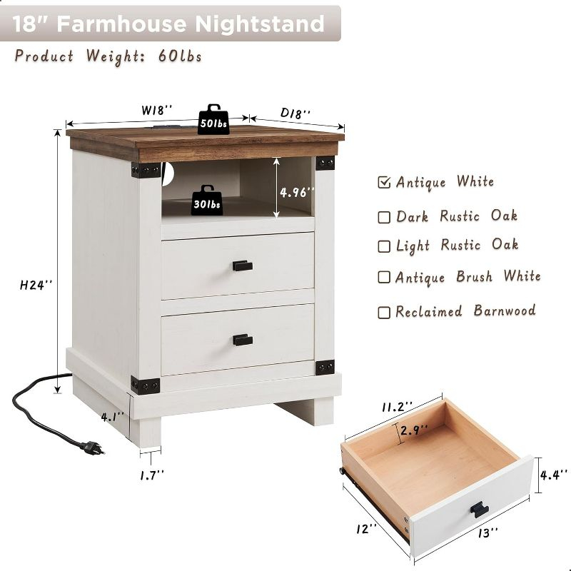 SinCiDo Nightstand with Charging Station, 18″ Farmhouse Night Stand with 2 Drawers, Wood Rustic End Table, Antique White