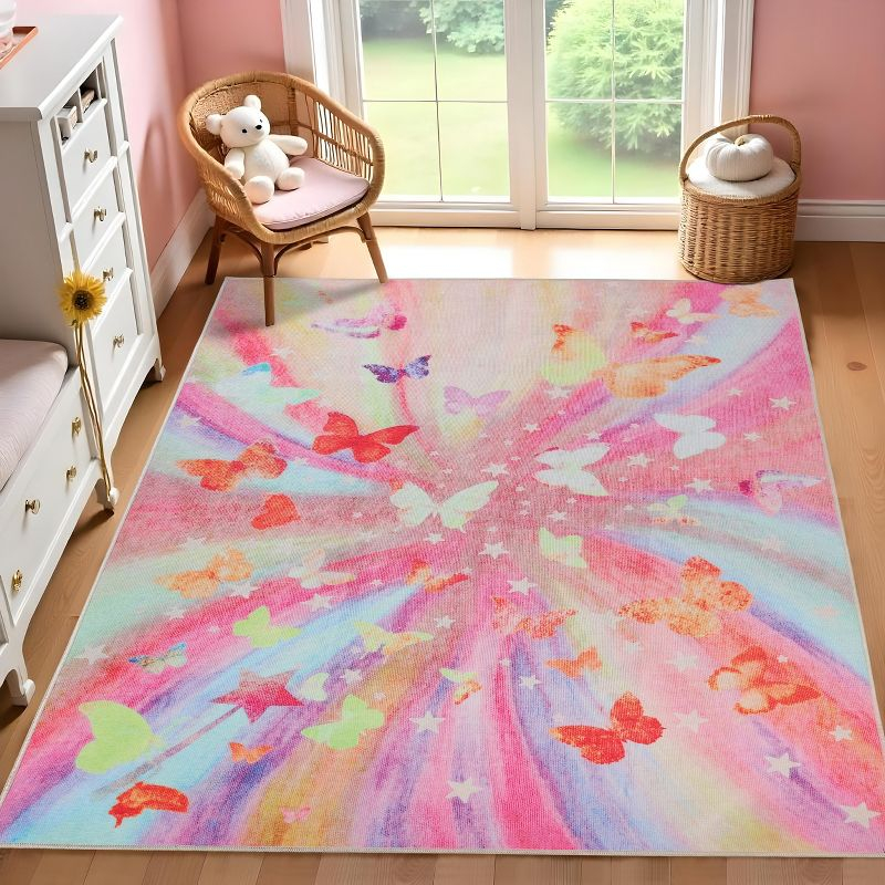 Butterfly Non-Slip Kids Playroom Nursery Washable Indoor Area Rug, 4'x6', Apricot - Blue Nile Mills