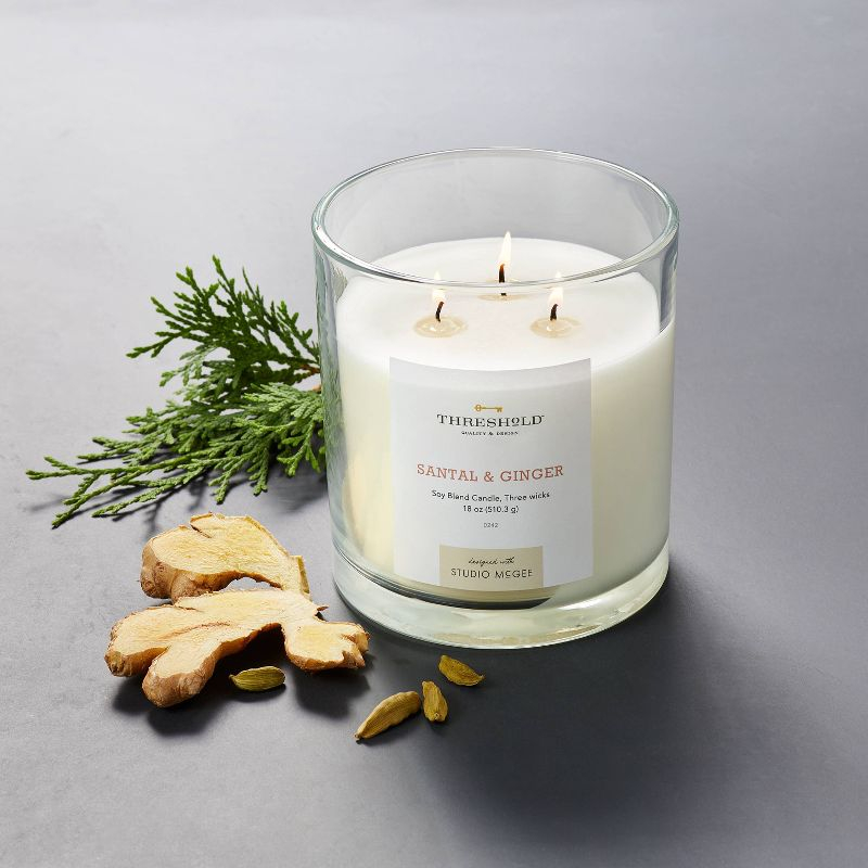 3-Wick 18oz Clear Glass Santal & Ginger Candle White - Threshold™ designed with Studio McGee: Soy Wax Blend, 50hr Burn Time