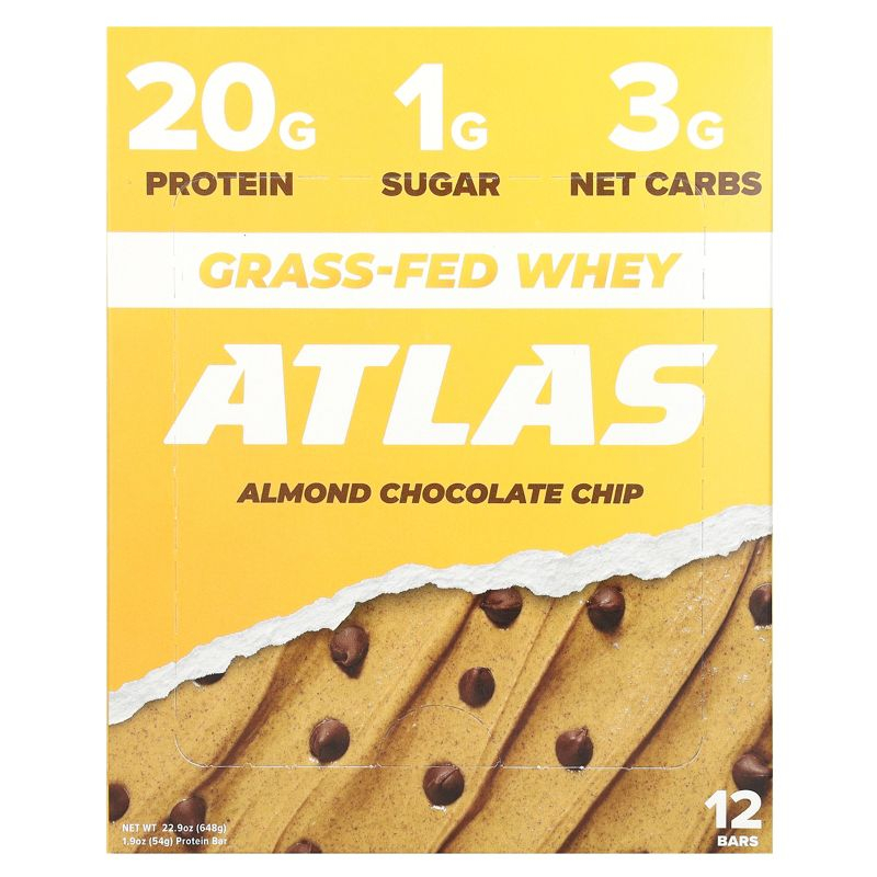 Atlas Bar Grass-Fed Whey Protein Bar, Almond Chocolate Chip, 12 Bars, 1.9 oz (54 g) Each