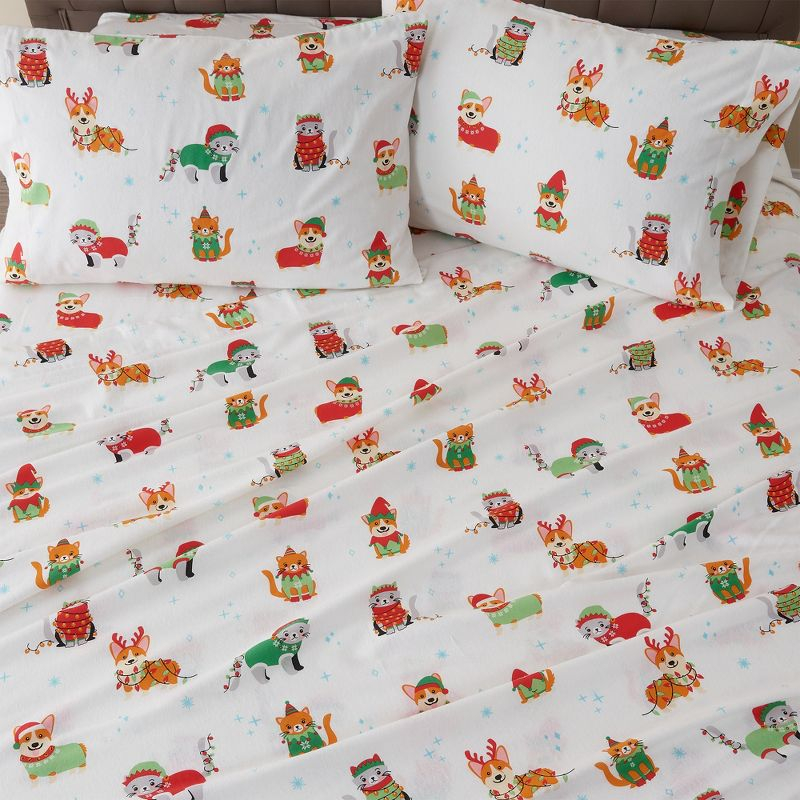 100% Cotton Christmas Flannel Sheets - Great Bay Home (Queen, Dog Cat Christmas)