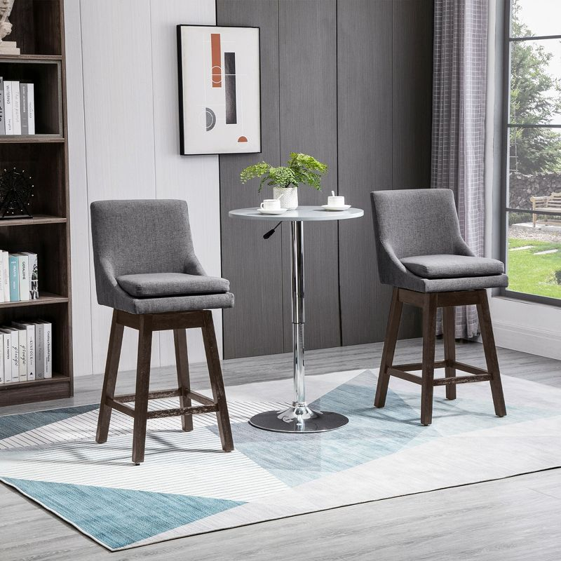 HOMCOM 28" Set of 2 Swivel Bar Height Bar Stools, Armless Upholstered Barstools Chairs with Soft Padding Cushion and Wood Legs