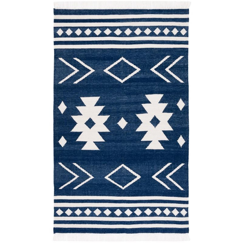 Kilim With Fringes KLM764 Flat weave Area Rug - Navy/Ivory - 4'x6' - Safavieh