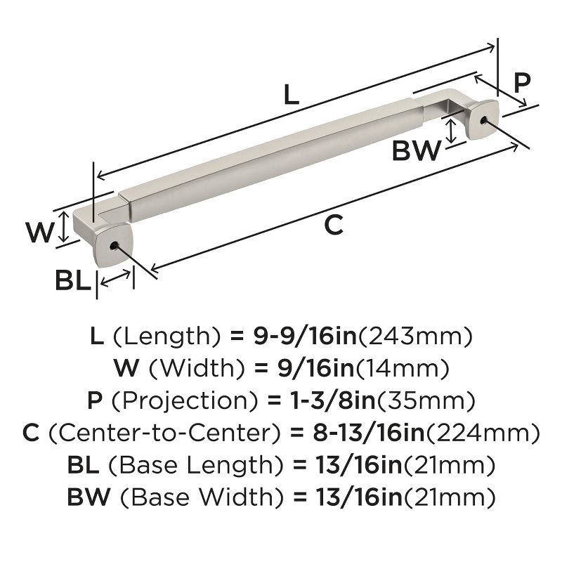 Amerock Stature 8-13/16 inch (224mm) Center-to-Center Satin Nickel Cabinet Pull