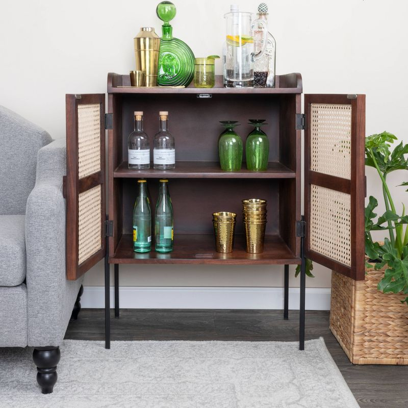 Storied Home Boho Solid Wood Bar Cabinet with Metal Legs and Woven Cane Doors Walnut/Natural: Iron Frame, Mango Surface