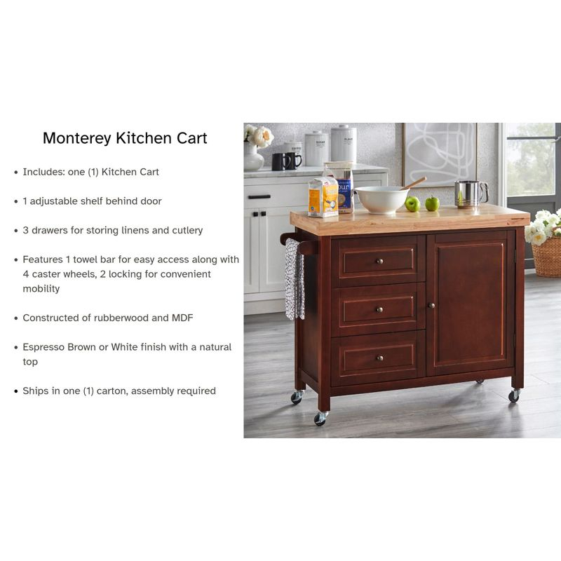 Buylateral Monterey Kitchen Cart White: Rubberwood Serving Cart with Towel Bar & Locking Wheels