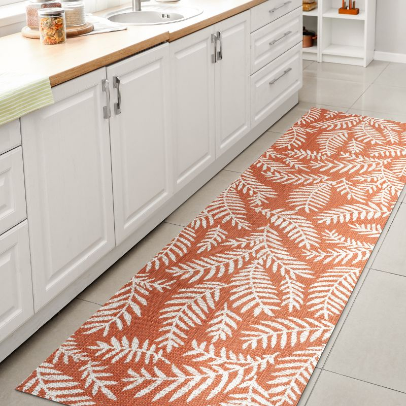 2' x 8' Nevis Palm Frond Indoor/Outdoor Runner Rug, Orange/Cream - JONATHAN Y