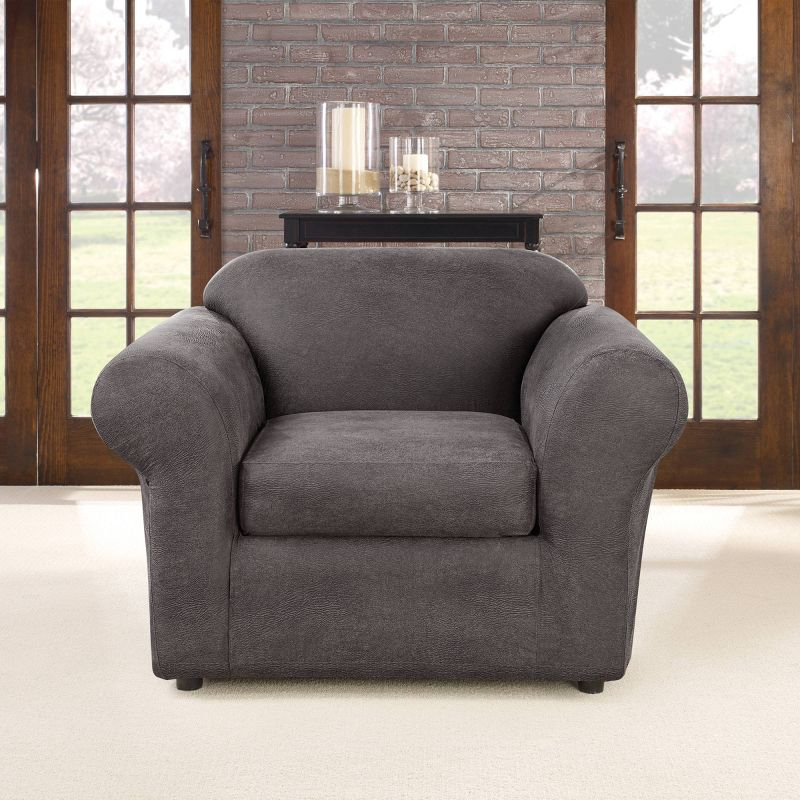 2pc Ultimate Stretch Leather Chair Slipcovers Slate - Sure Fit: Box Cushion Compatible, Machine Washable