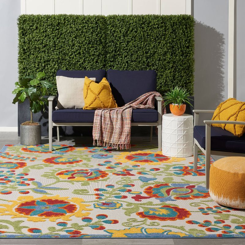Nourison Aloha Floral Textured Flatweave High-Low Indoor Outdoor Area Rug Ivory/Multi 12' x 15'