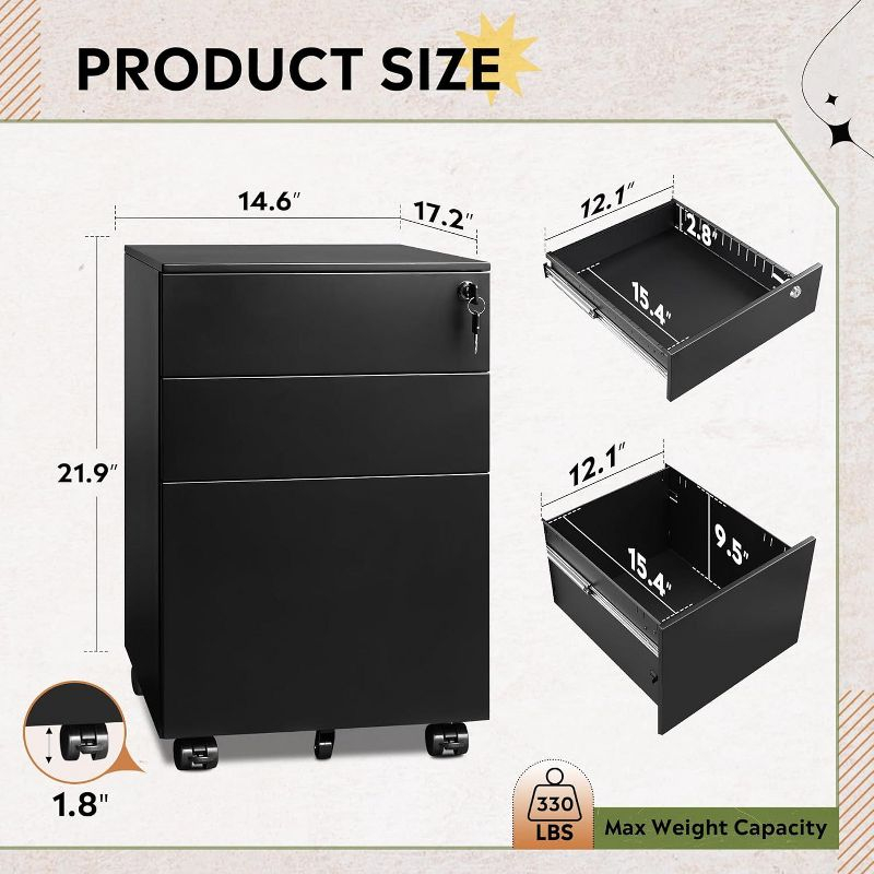 Locking File Cabinet, 3 Drawer Rolling Pedestal Under Desk Office, Fully Assembled Except Casters, Black