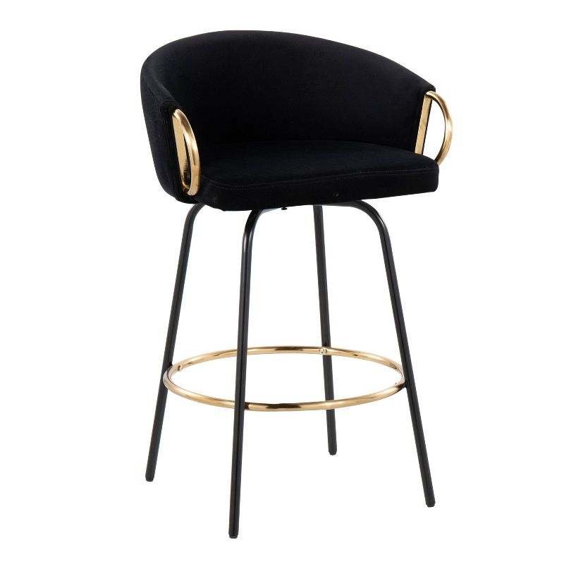 Set of 2 Claire Upholstered Counter Height Barstools Black/Gold Accents - LumiSource: Velvet, Swivel, Steel Legs