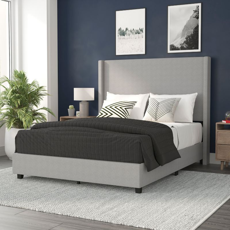 Flash Furniture Quinn Queen Upholstered Platform Bed with Channel Stitched Wingback Headboard, No Box Spring Needed, Gray