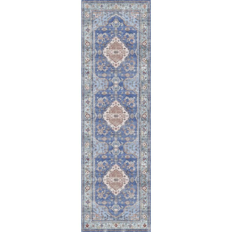 Nourison Fulton Bordered Medallion Non-Slip Flatwoven Indoor Rug Blue 2'3" x 7'6"