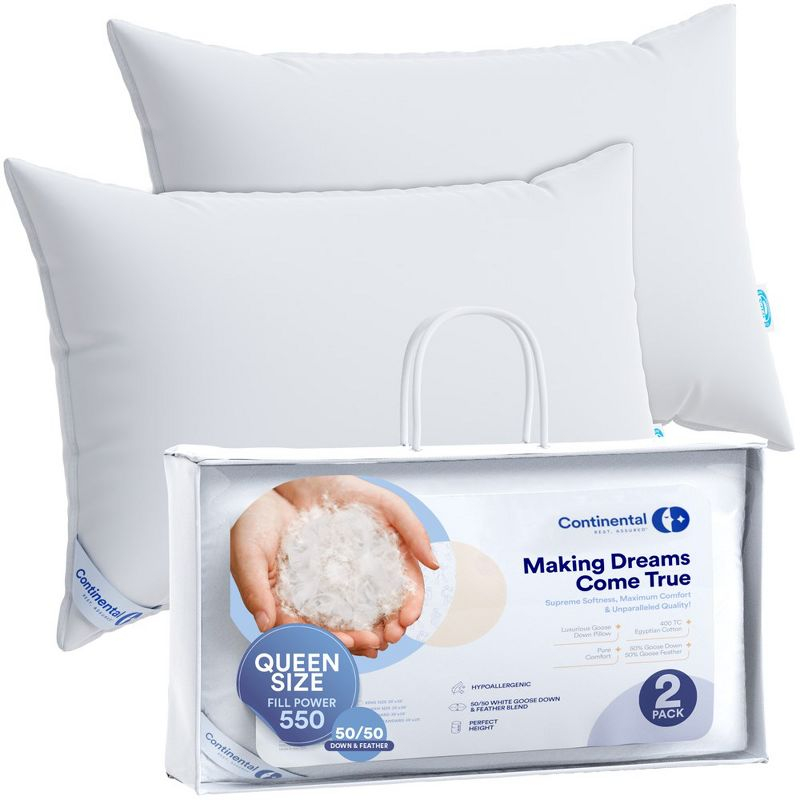 Continental Bedding 50% White Goose Down and 50% White Goose Feather Blend - Queen Size Pillow - Set of 2