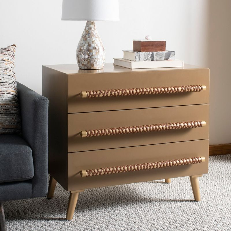 Raquel 3 Drawer Chest - Taupe/Gold/Brown Faux Leather - Safavieh.