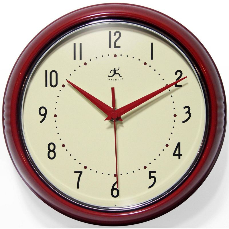 9.5" Retro Metal Wall Clock Red - Infinity Instruments: Indoor Modern Decor, Off-White Face, Round Shape