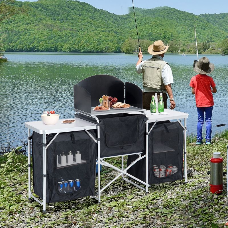 DOMETOUR Outsunny Aluminum Portable Camping Kitchen Table with Windscreen & 3 Cupboards for BBQ, Party, Picnics, Backyards