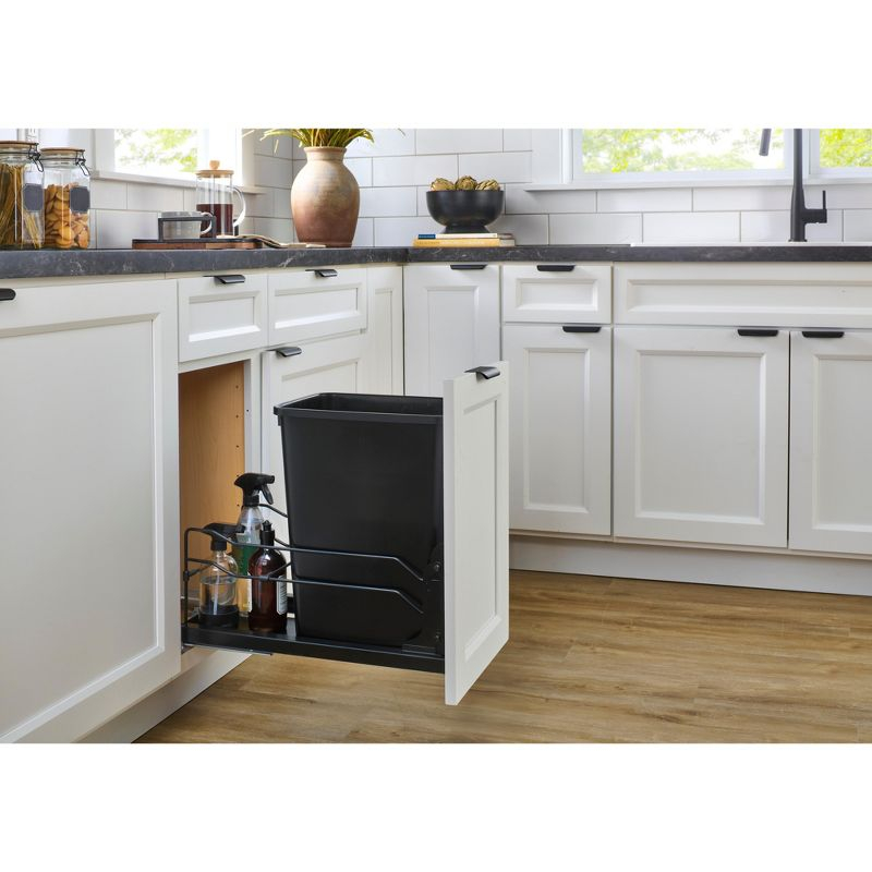 Rev-A-Shelf Pullout Trash Can for Under Kitchen Cabinets 35 Quart  8.75 Gallon with Soft-Close Slides and Rear Storage, Champagne, 53WC-1535SCDM-112