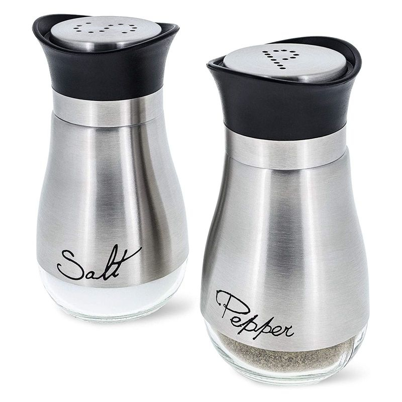Juvale Stainless Steel Salt and Pepper Shakers Set with Glass Bottom, Perforated "S" and "P" Caps - Modern Kitchen Decor (4oz)
