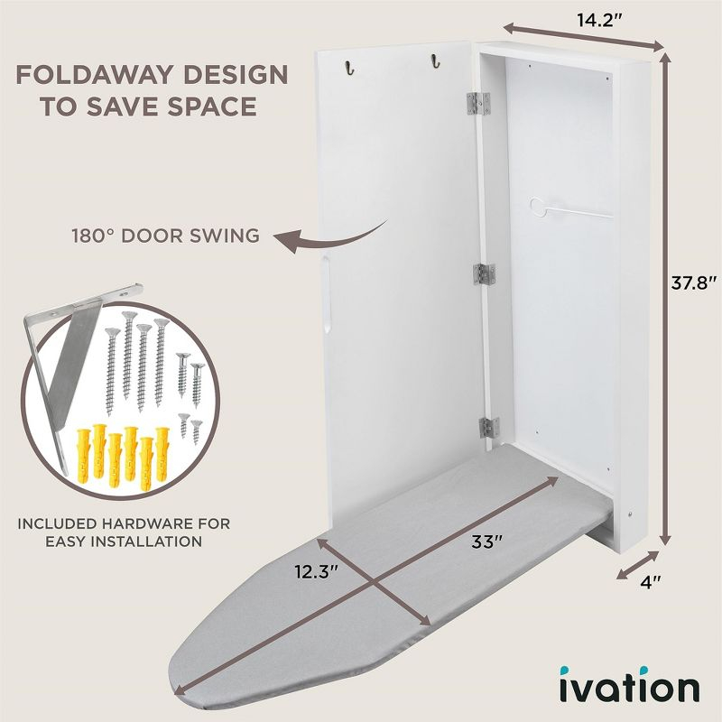 Ivation Ironing Board, Wall Mounted Ironing Board Cabinet W/Left Side Door, Mirror & Lever, White