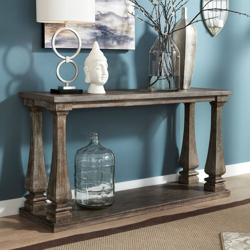 Johnelle Sofa Table Gray: Distressed Elm Veneer, Square Baluster Legs - Signature Design by Ashley